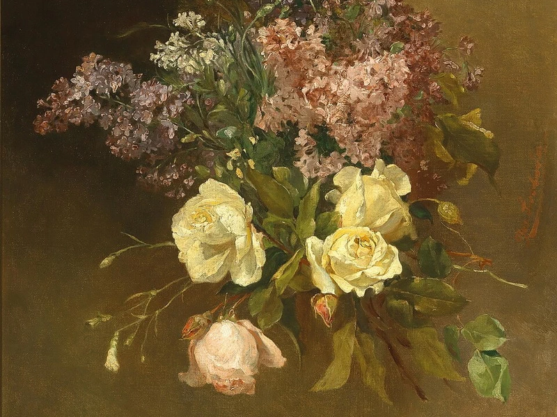 1861-Josefine Swoboda - Bouquet di lillà e rose